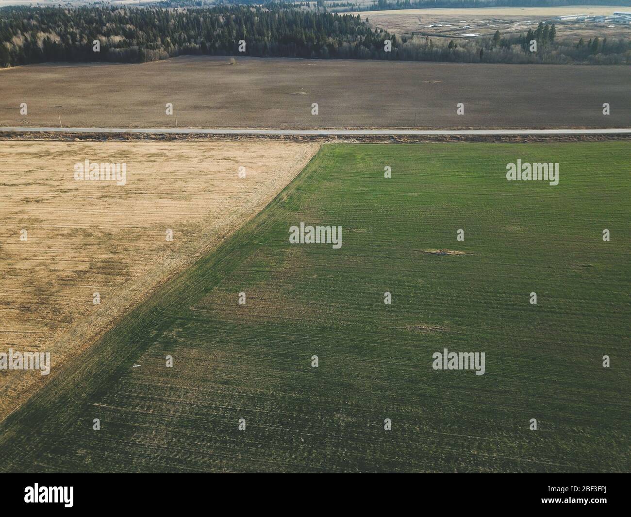 Vista aérea de la carretera y campos agrícolas. Paisaje de pradera con calzada Foto de stock