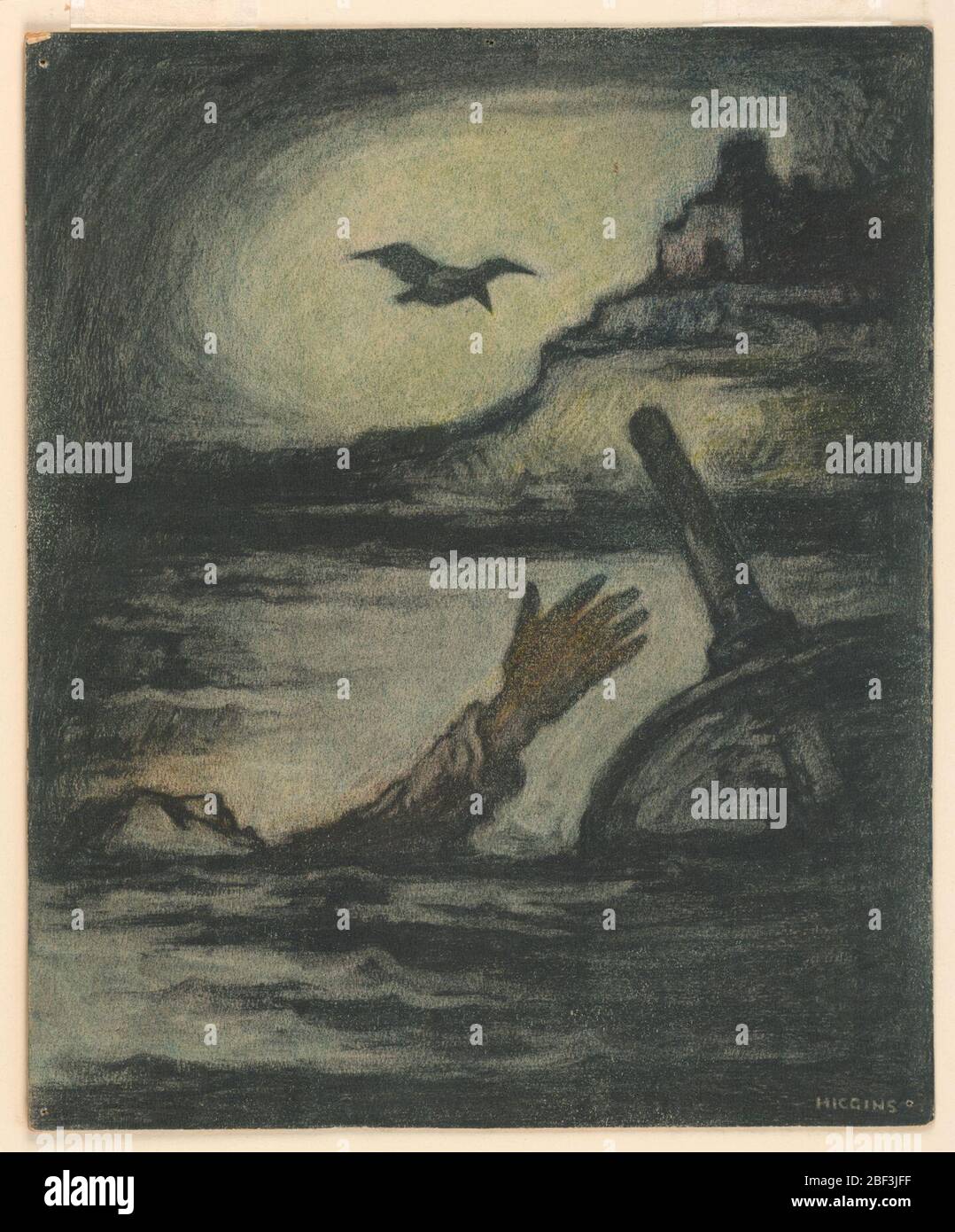 El Raven. Un hombre ahogado se embraga para una boya. Sobre la cabeza un  cuervo vuela en un punto de luz. En la distancia correcta, los edificios en  un promontorio rocoso Fotografía
