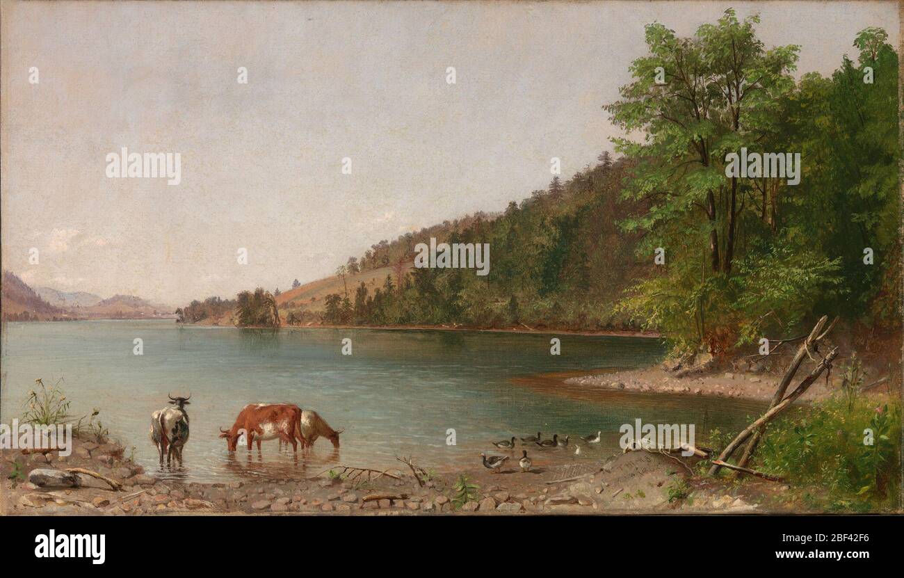 Paisaje pequeño. Thomas Hicks pintó muchas imágenes de las colinas y ríos alrededor de su casa en Nueva York. Los estadounidenses disfrutaron de pinturas escénicas del paisaje como este, lo que hizo hincapié en la relación pacífica entre el hombre y la naturaleza. Foto de stock