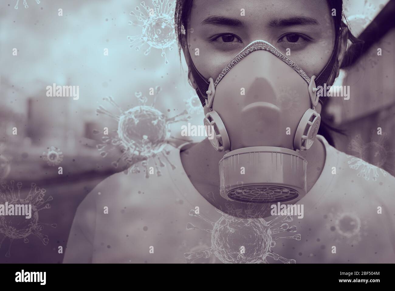 Niña adolescente usando máscara de protección industrial para prevenir peligro polvo PM2.5 polvo gases tóxicos e infección bacteriana virus de la corona o Covid-19 en el aire. Foto de stock