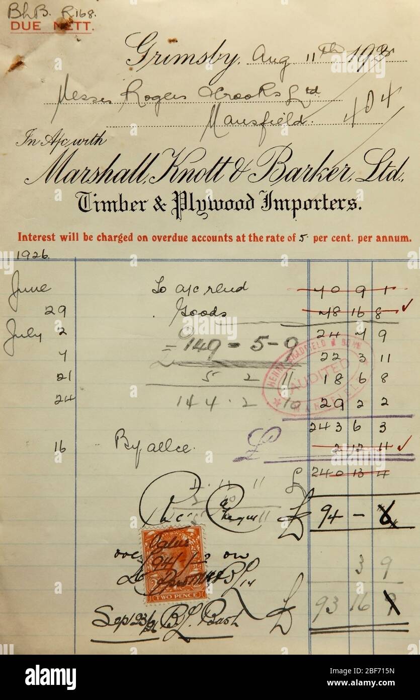 Antigua factura de Marshall, Knott y Barker, importadores de madera, de Grimsby, de fecha 11 de agosto de 1926. Foto de stock