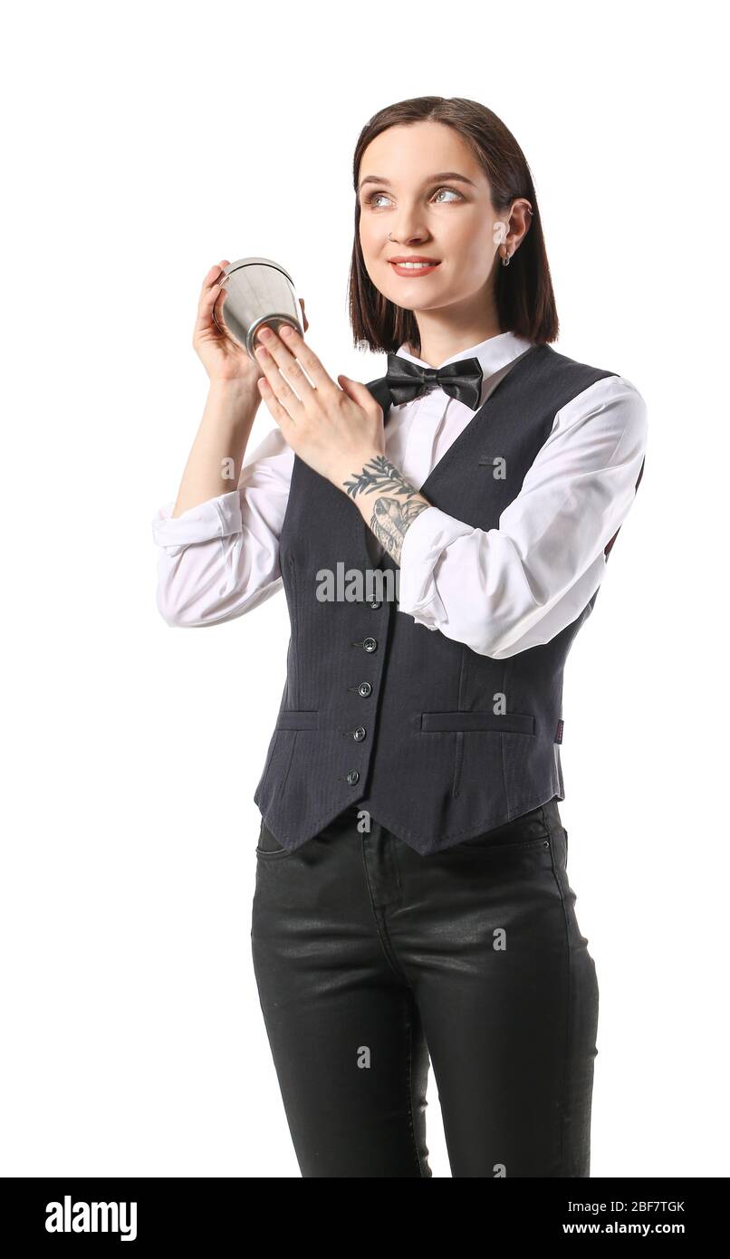 Hermosa mujer barman sobre fondo blanco Fotografía de stock - Alamy