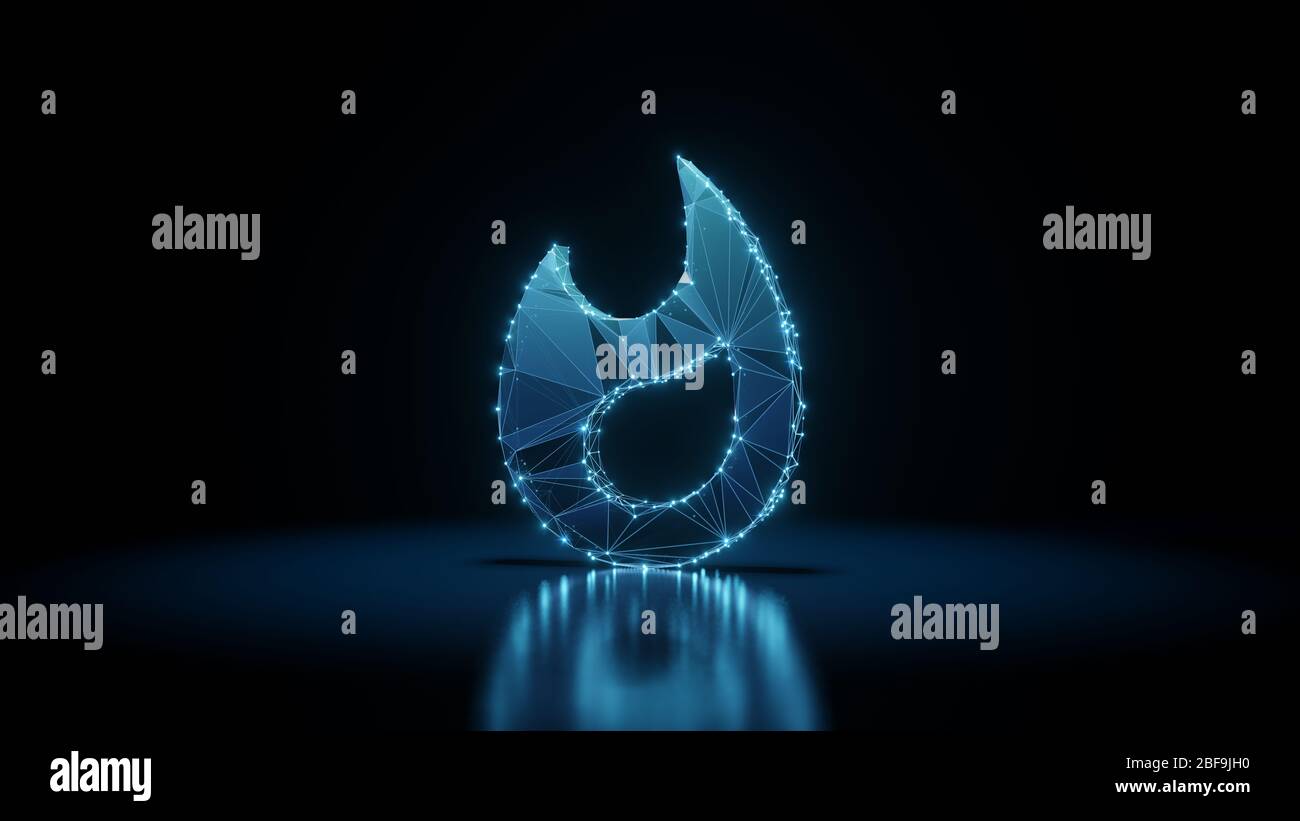 representación 3d estructura alámbrica digital techno neón brillante símbolo de llama con puntos brillantes sobre fondo negro con reflejos brillantes en el suelo Foto de stock