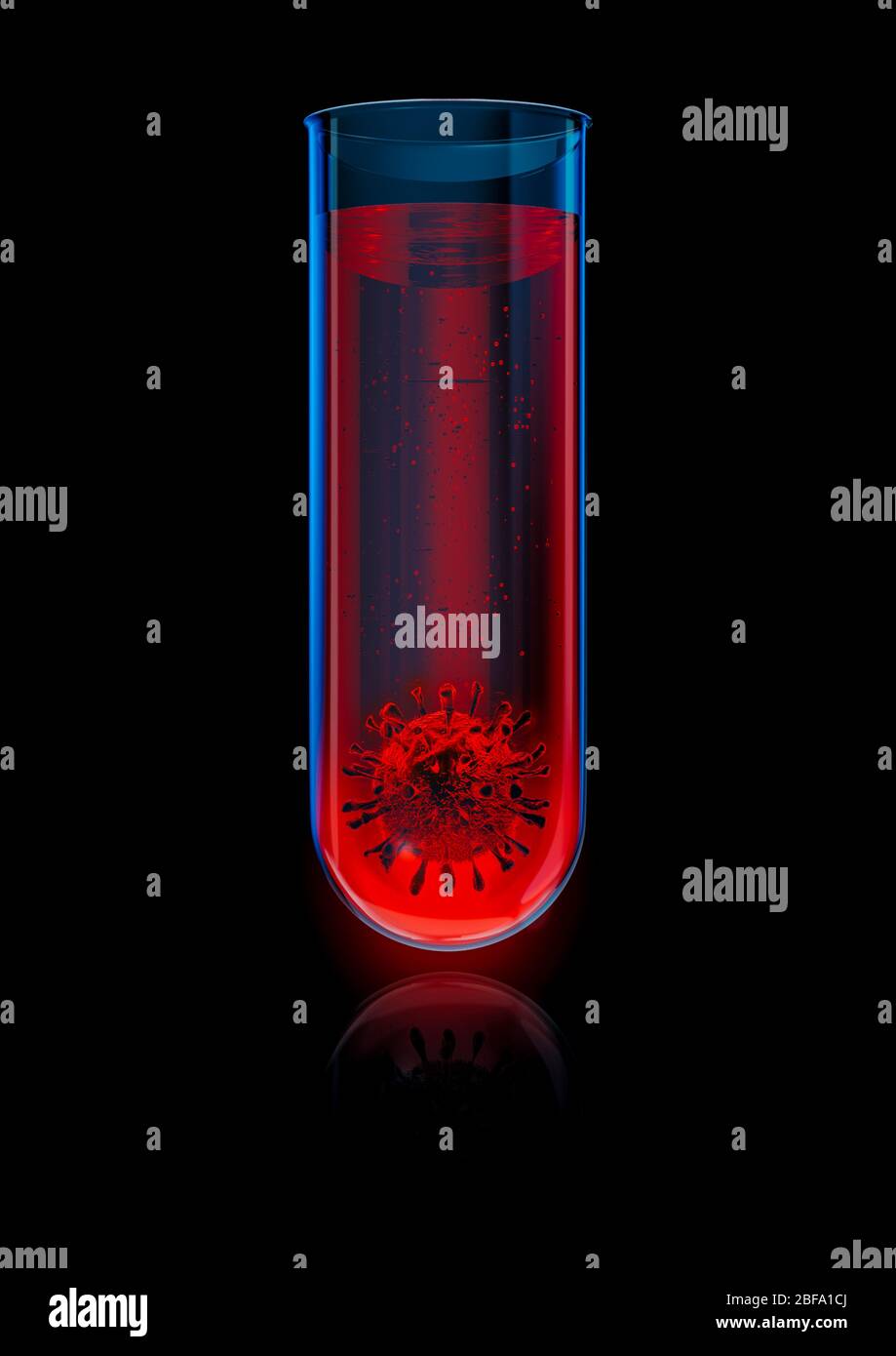 Concepto de pruebas de laboratorio Covid-19 / ilustración 3D de la célula de coronavirus dentro del tubo de ensayo químico de vidrio Foto de stock
