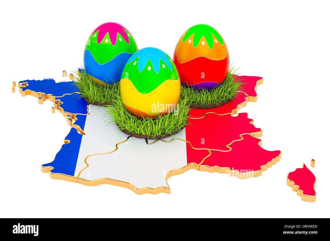Vacaciones de Pascua en Francia, huevos de Pascua en el mapa francés. Renderización 3D aislada sobre fondo blanco Foto de stock