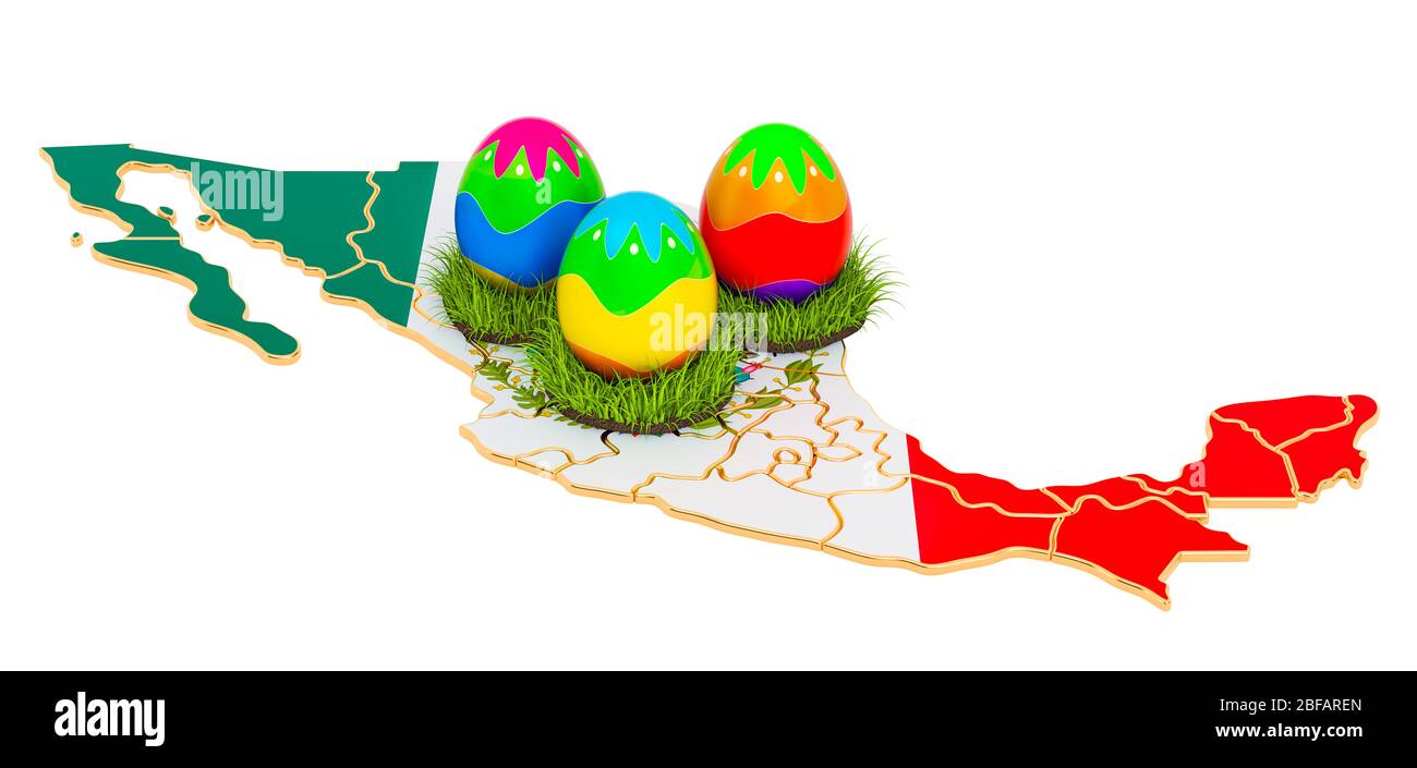 Vacaciones de Pascua en México, huevos de Pascua en el mapa mexicano.  Renderización 3D aislada sobre fondo blanco Fotografía de stock - Alamy