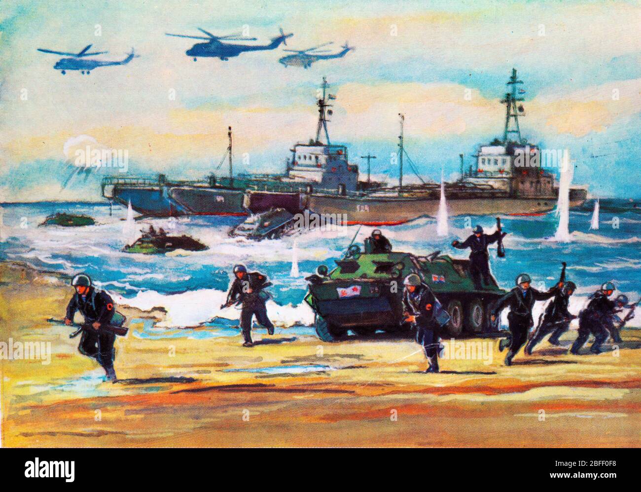 Ataque de los infantes de marina de un buque anfibio de asalto, la Armada Soviética, 1970, Rusia Foto de stock