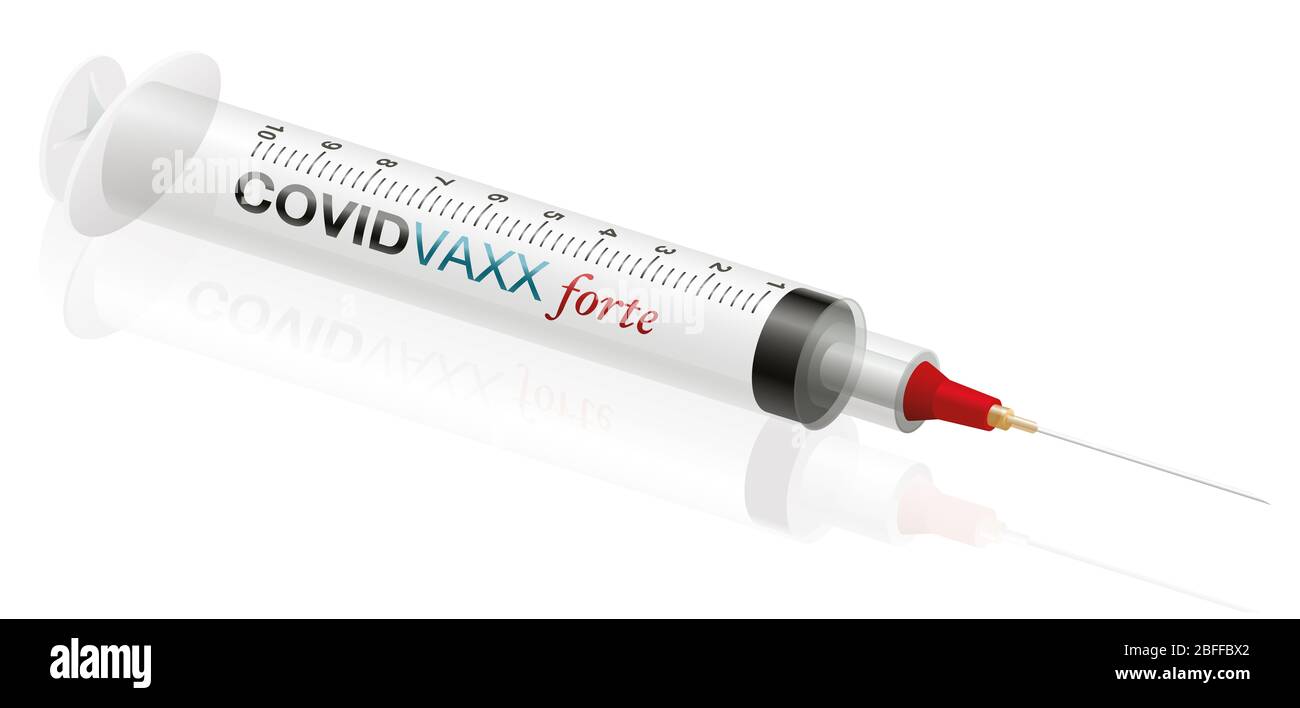 Jeringas anti-vaxxer, diferentes tamaños para la vacunación simple y la inmunización global extensa del coronavirus - ilustración sobre fondo blanco. Foto de stock