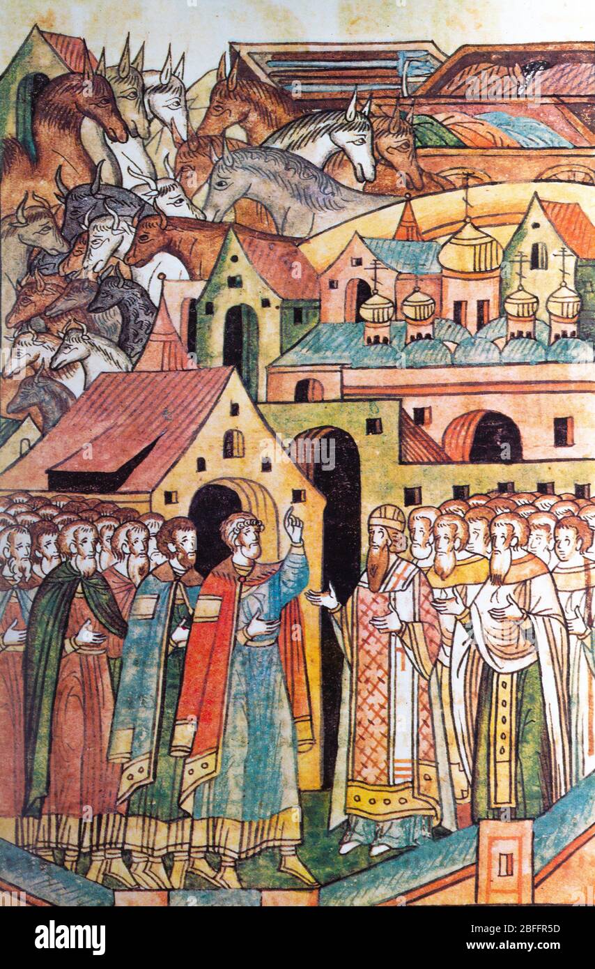 Miniatura de libro medieval ruso, ilustración del códice iluminado del siglo XVI, la historia de la batalla en el campo de Kulikovo Foto de stock