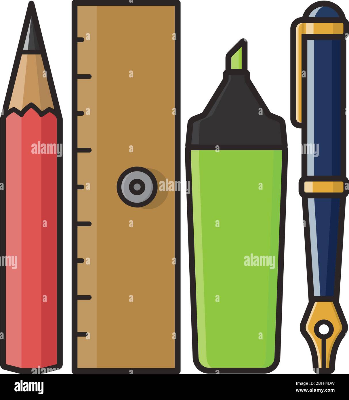 Variedad de artículos de escritorio incluyendo lápiz, pluma de fuente,  marcador y regla de ilustración vectorial aislado para el día de la  papelería el 29 de abril. Escribiendo ins Imagen Vector de