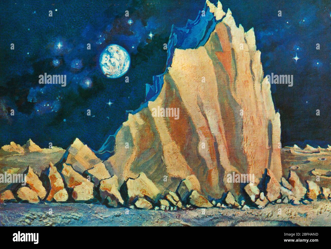 Exploración espacial, arte futurista de A.Leonov, de postal soviética, 1970 Foto de stock