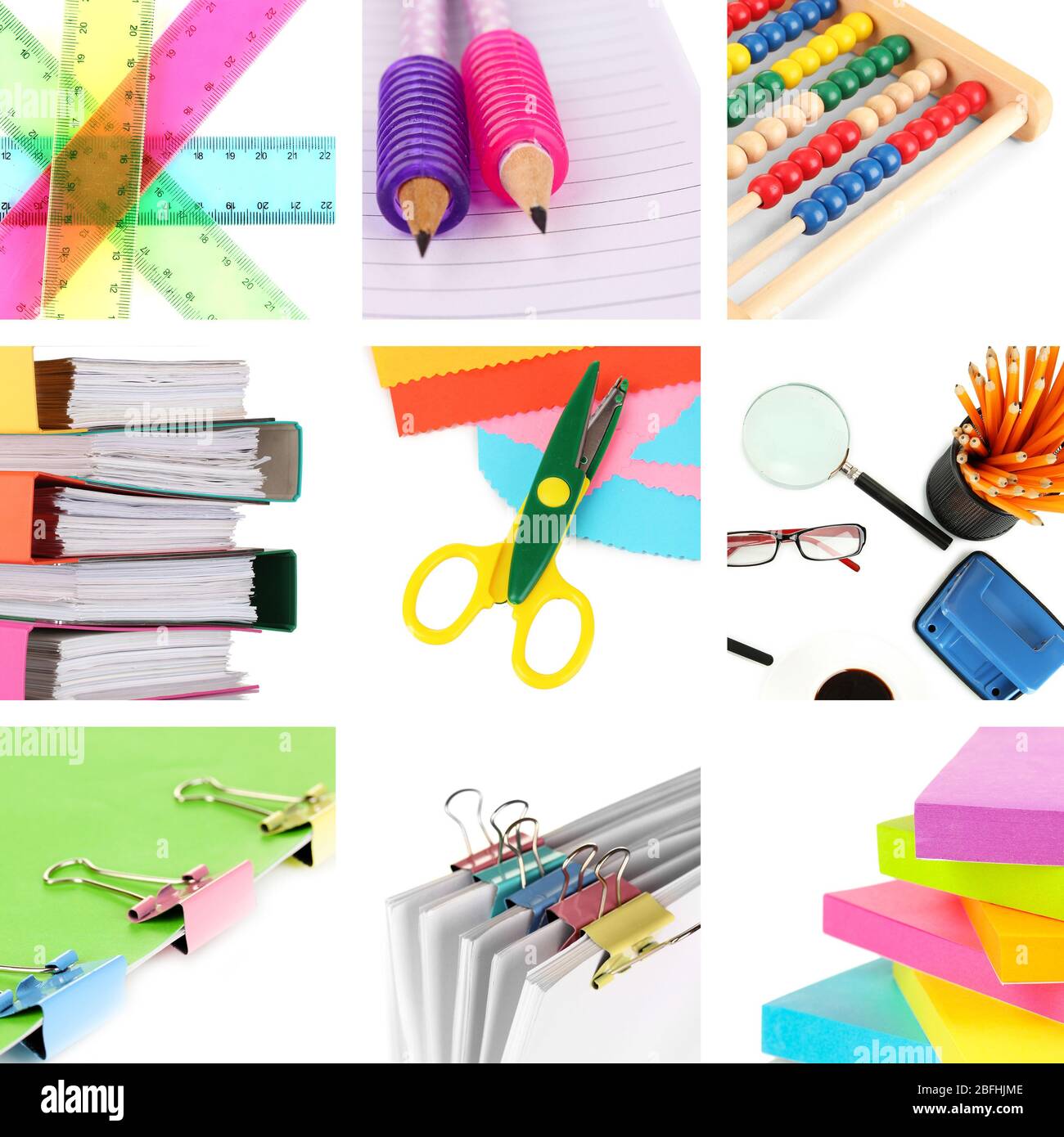 Collage de artículos escolares y de oficina aislado en blanco Fotografía de  stock - Alamy