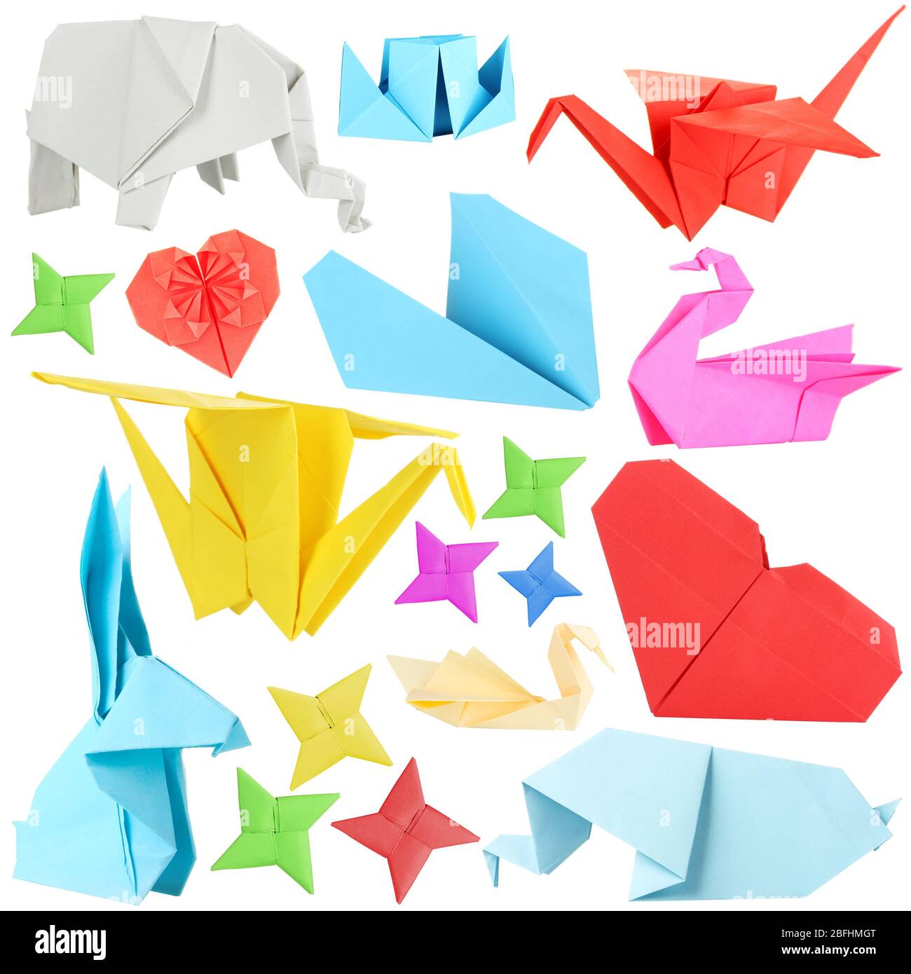 Collage de diferentes papeles origami aislados sobre blanco Foto de stock