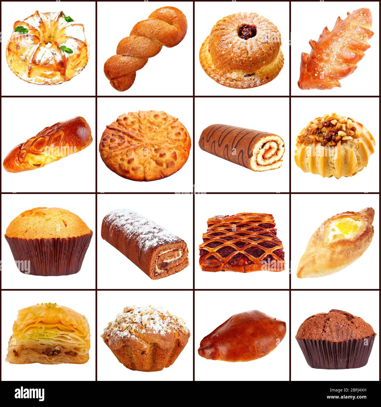 Collage de diferentes productos de pastelería y panadería, aislado