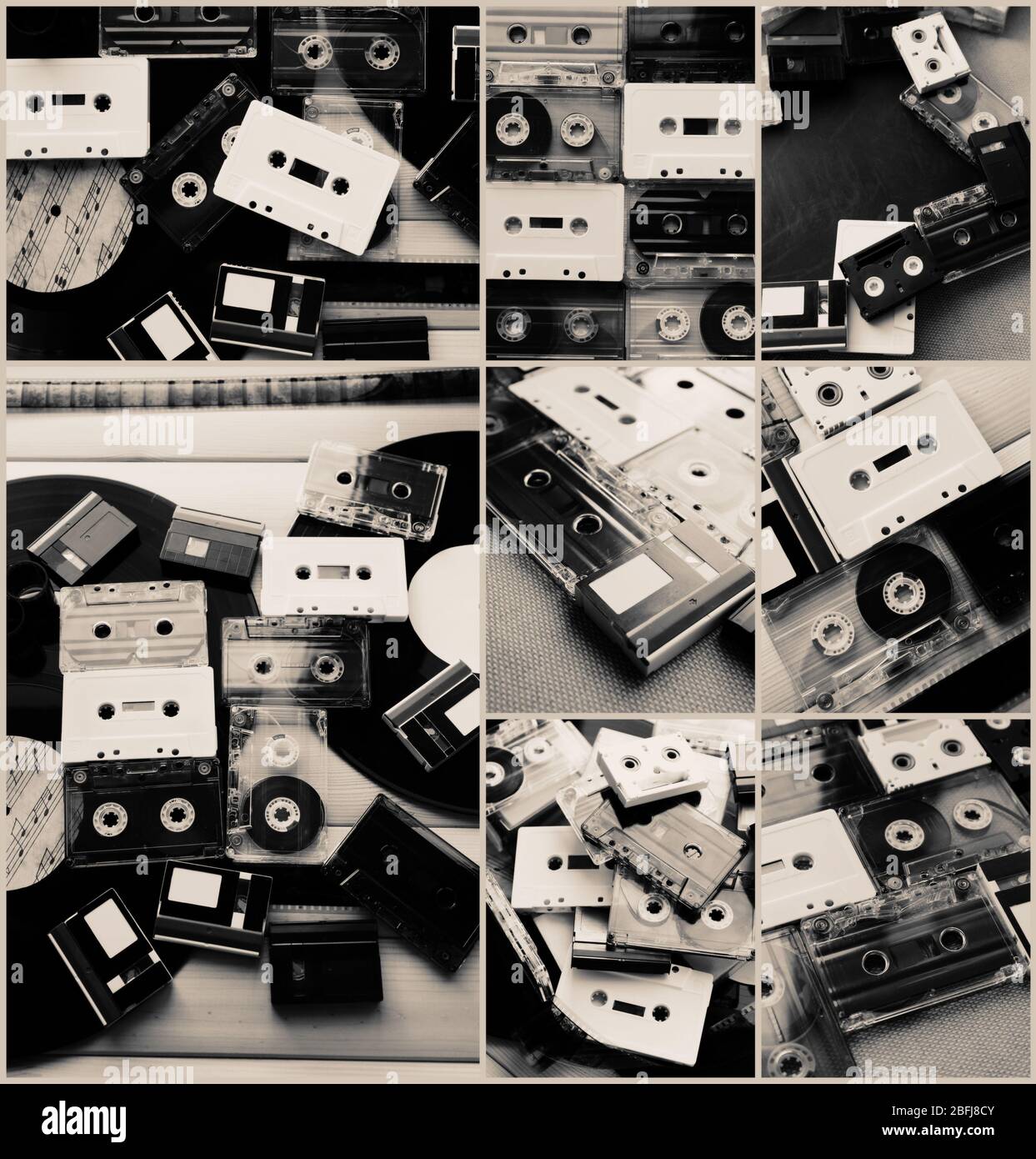 Colección de cintas de audio retro y discos de vinilo en collage Fotografía  de stock - Alamy