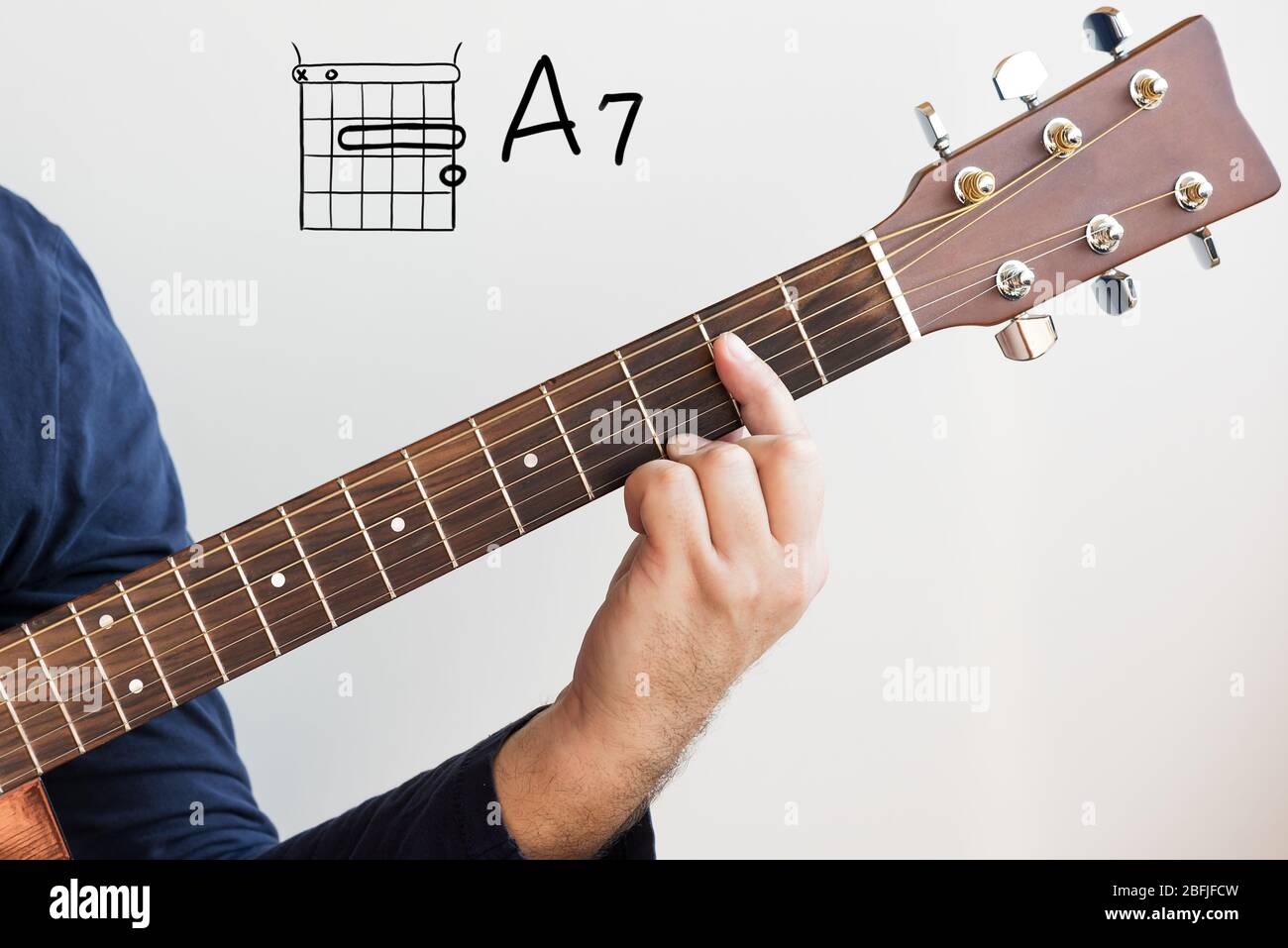 Learn Guitar - Hombre en una camisa azul oscuro tocando acordes de guitarra  mostrados en la pizarra blanca, acorde A7 Fotografía de stock - Alamy