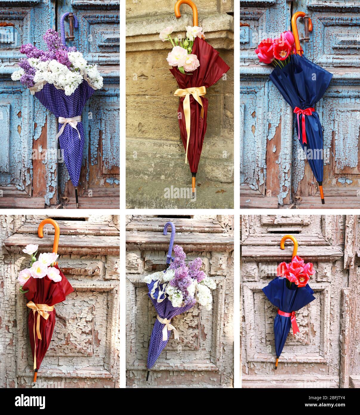 Concepto paraguas. Hermosas flores en paraguas en puertas de madera  antiguas Fotografía de stock - Alamy