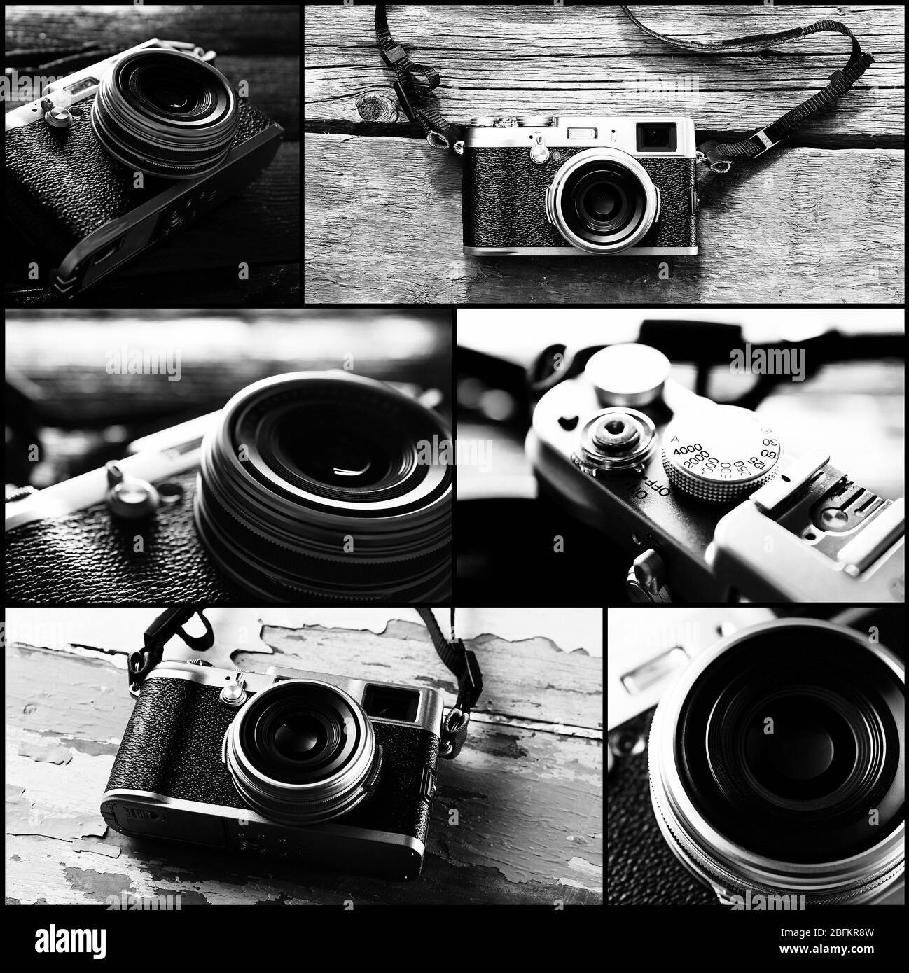 Collage de cámara retro sobre fondo de madera en blanco y negro Fotografía  de stock - Alamy