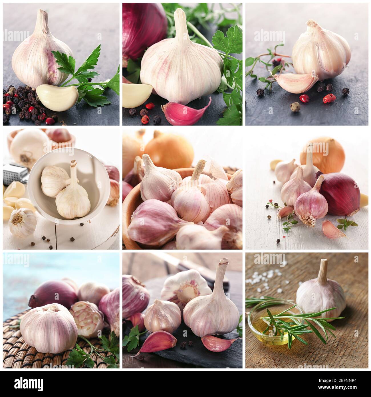 Collage con bulbos aromáticos de ajo Fotografía de stock - Alamy