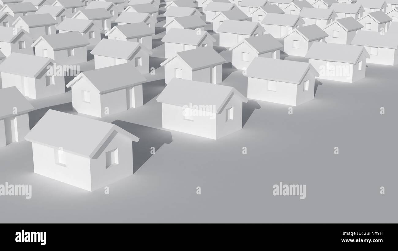 Pequeñas casas rurales blancas típicas de pie en un terreno plano,  representación abstracta de pueblo cgi, ilustración de representación en 3d  Fotografía de stock - Alamy