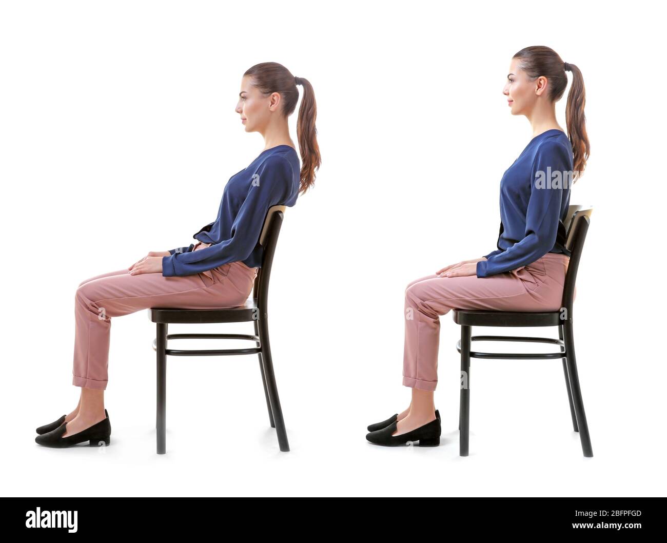 Concepto de rehabilitación. Collage de mujer con mala postura y buena