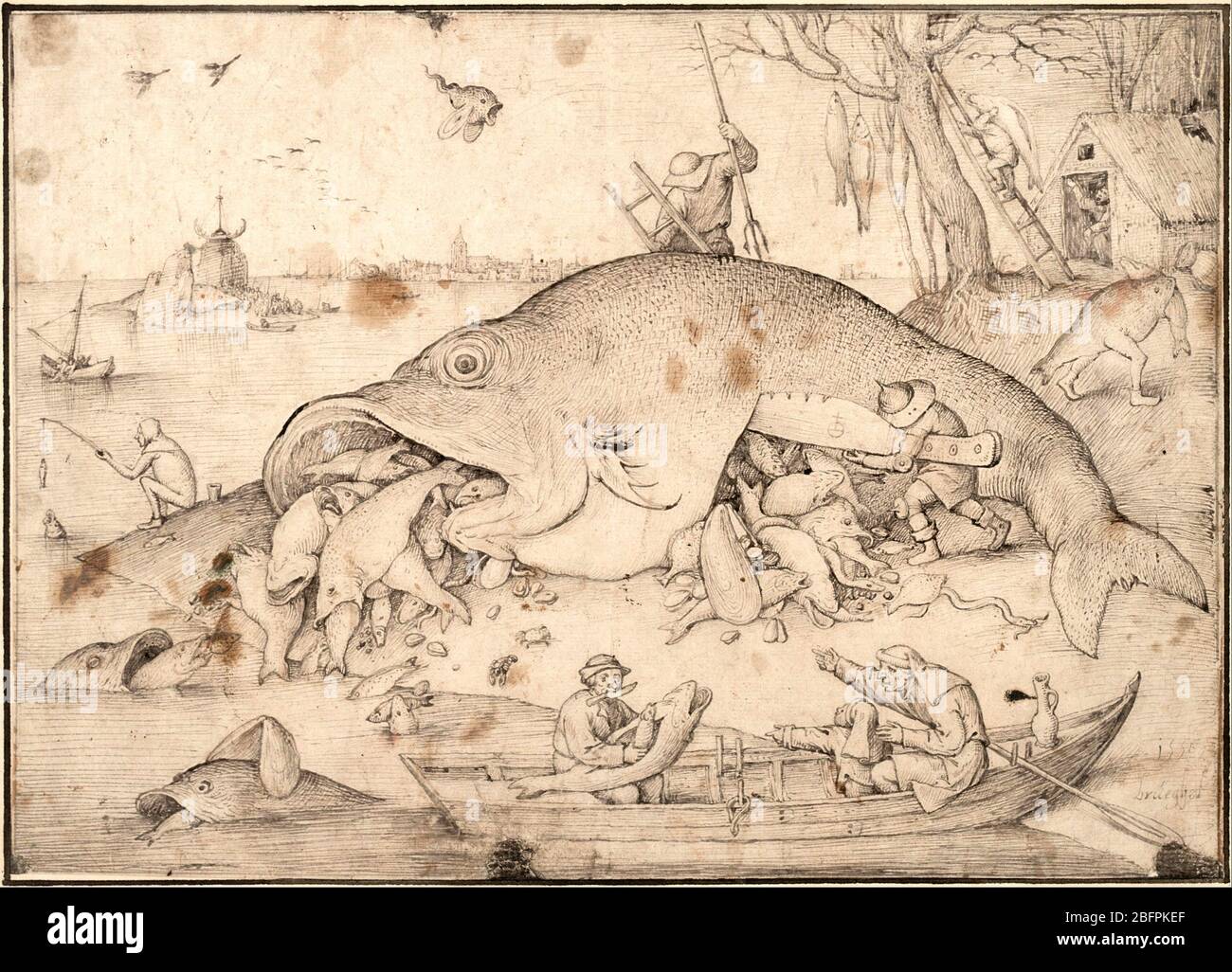 El pescado grande come el pez pequeño, dibujo de Bruegel para una impresión, 1556, por Pieter Bruegel el Viejo Foto de stock