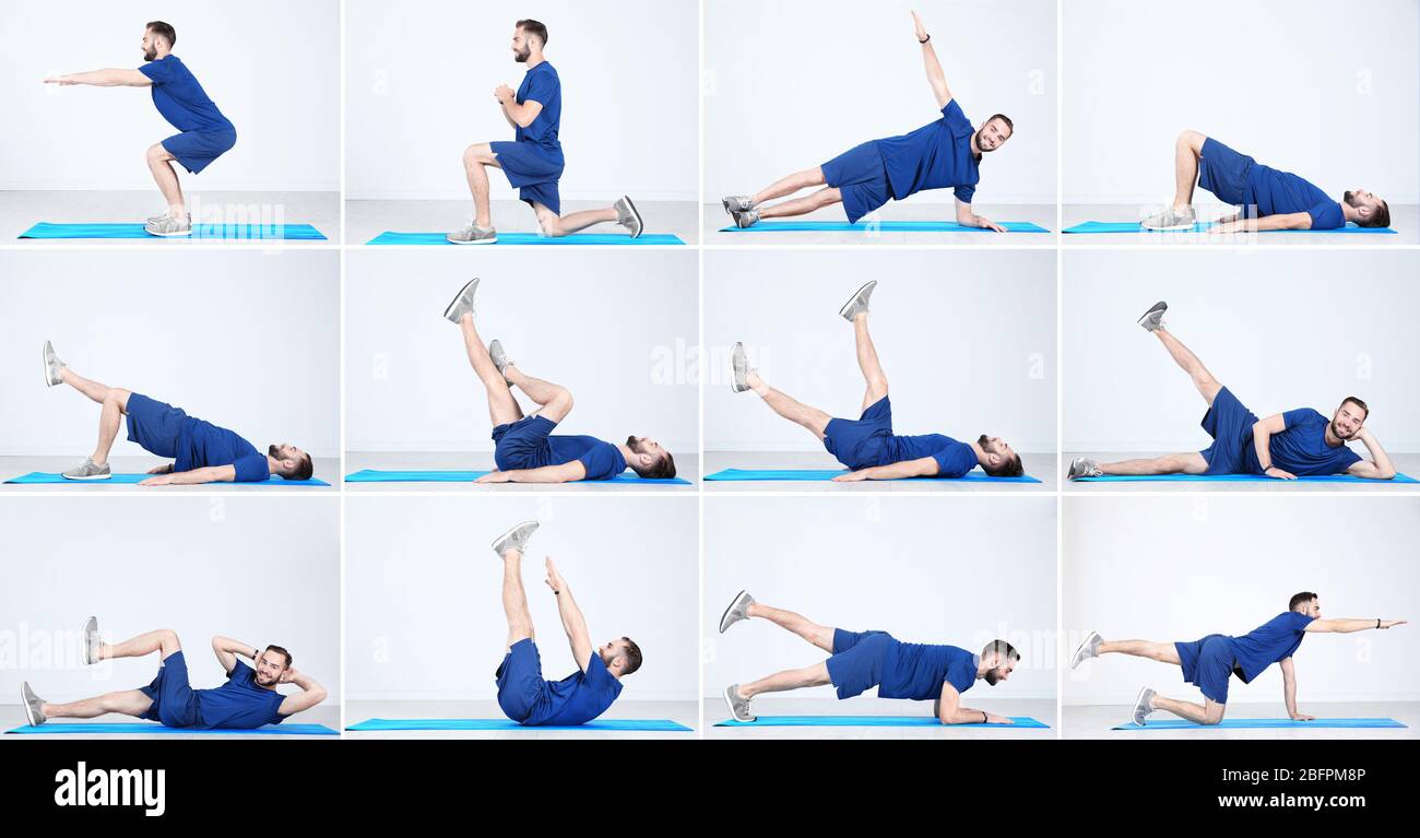 Collage de diferentes ejercicios físicos aislado sobre un fondo