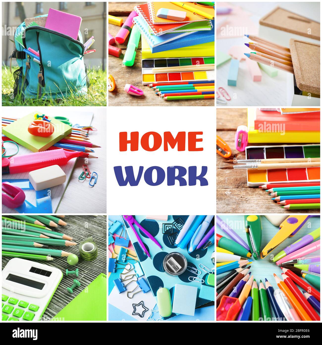 Collage con PALABRAS PARA HACER LA TAREA y coloridos artículos de papelería  escolares Fotografía de stock - Alamy