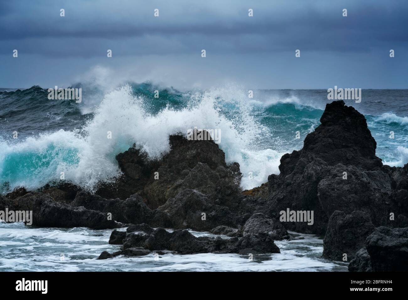 Olas impulsadas por tormentas se construyen y chocan contra las pilas de lava marina a lo largo de la costa de Hamakua en Laupahoehoe Point en la Gran Isla de Hawai. Foto de stock