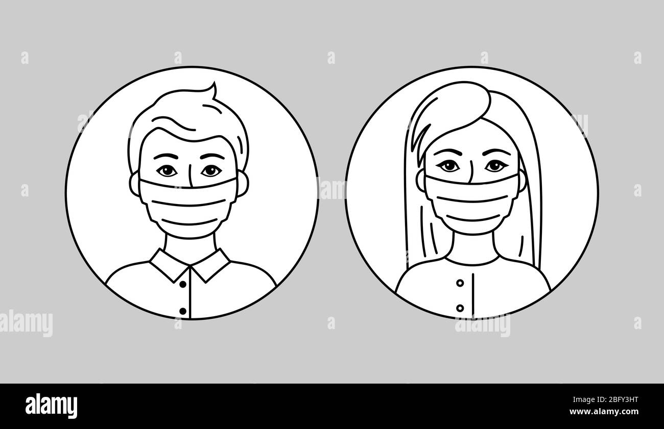 Personas que usan máscara facial, hombre y mujer europeos. Pictograma  vectorial blanco y negro, icono plano simple. Mascarillas médicas para  prevenir la contaminación del aire, FL Imagen Vector de stock - Alamy