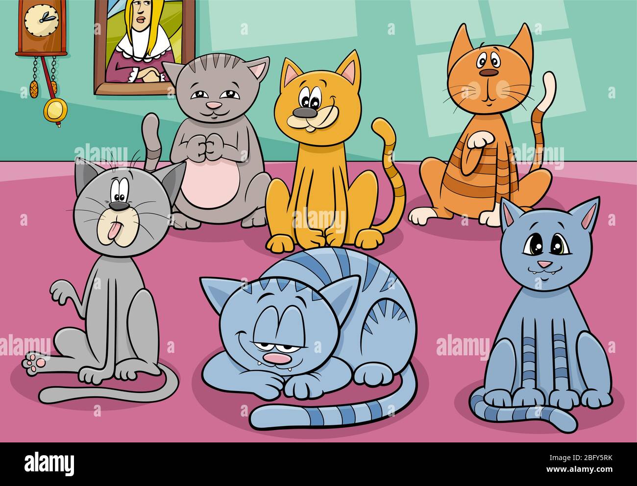 Ilustración de dibujos animados de gatos y gatitos Grupo de personajes  cómicos de animales en la Casa Imagen Vector de stock - Alamy