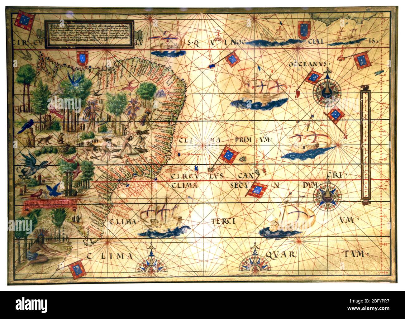 Mapa ilustrado de Brasil (C. 1519) por Lopo Homem, Pedro y Jorge Reinel. Copia del original en la Bibliotéque de Francia Foto de stock