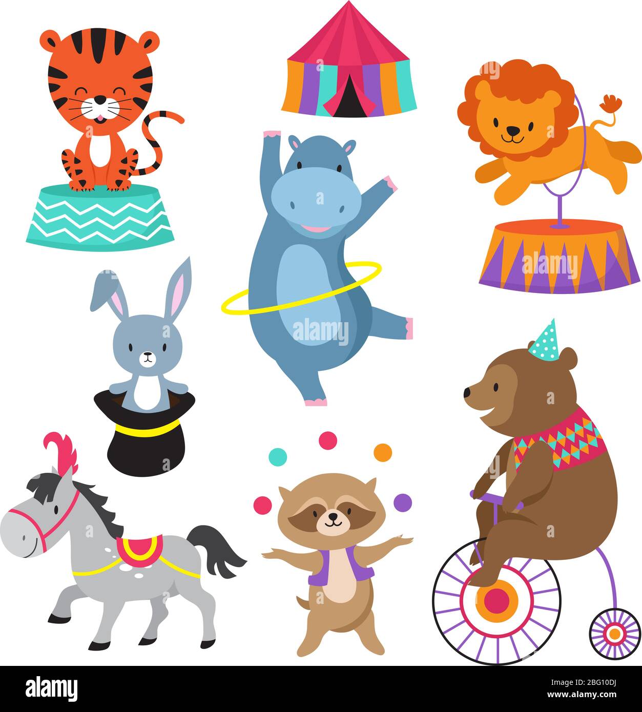 Dibujos animados animales de circo para niños tarjeta de cumpleaños vector.  Animal en circo, elefante feliz y león, espectáculo de carnaval con oso en  la ilustración de la bicicleta Imagen Vector de