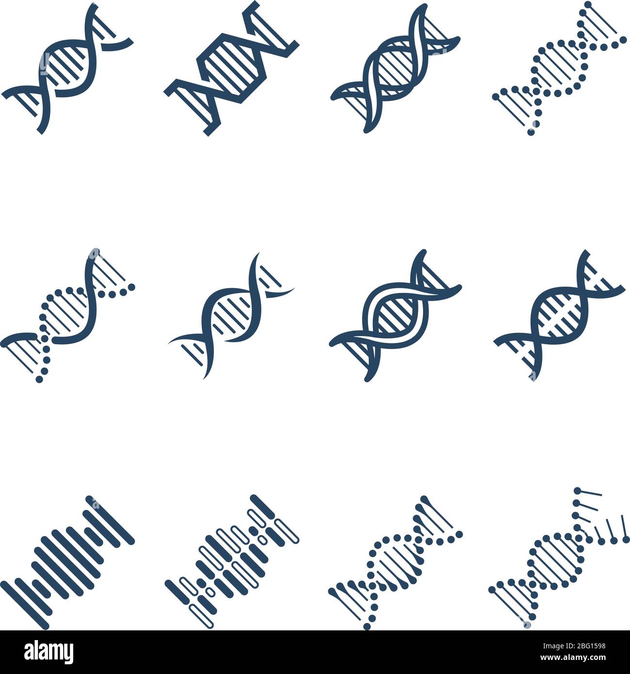 Iconos de vectores de estructura de moléculas en espiral de ADN. Investigación genética y símbolos de ingeniería cromosómica. Estructura cromosoma adn y molécula genética ilustración Ilustración del Vector