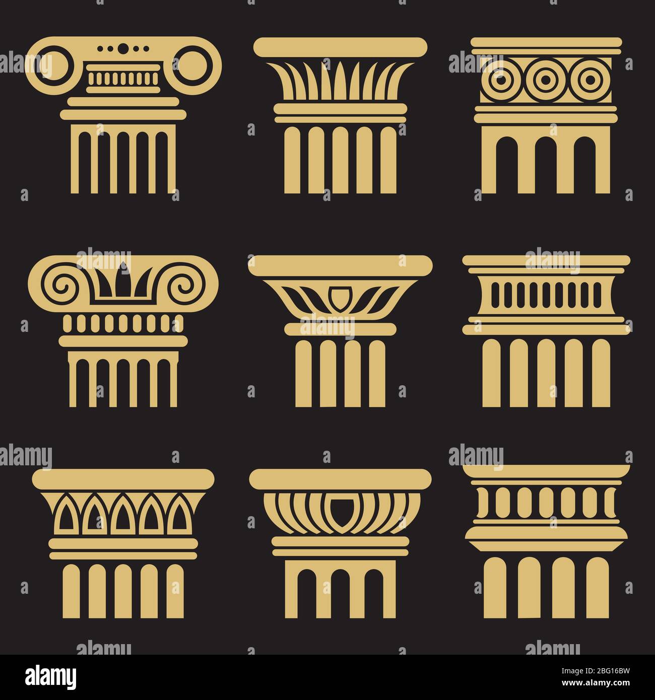 Conjunto de iconos de columna de arquitectura dorada de roma antigua. Ilustración vectorial Ilustración del Vector