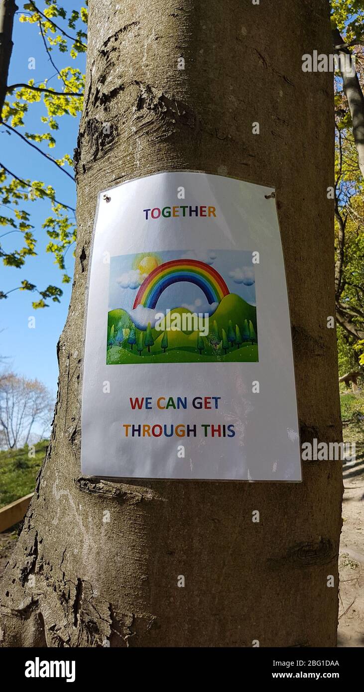 Temple Newsam, Leeds. Un árbol con cartel, volante con arco iris y palabras "juntos podemos conseguir a través de esto". Estribaciones públicas. REINO UNIDO Foto de stock