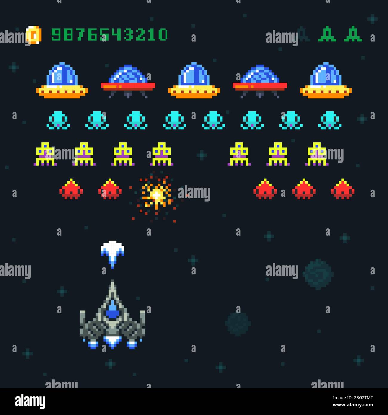 Video vintage espacio arcade juego vector píxel diseño con nave espacial  disparo balas y alienígenas. Antiguo juego de pop pixel retro con monstruos  de galaxia il Imagen Vector de stock - Alamy