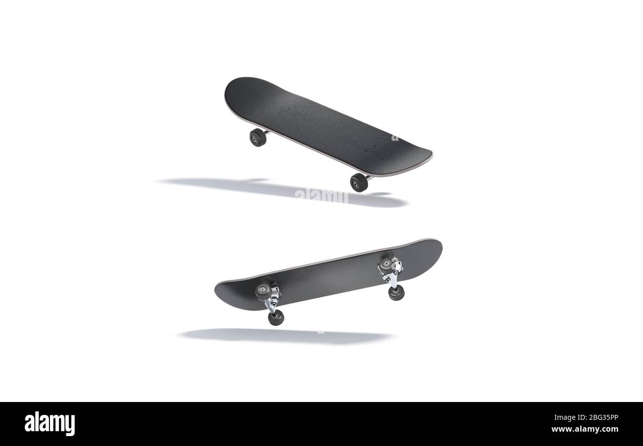 Burla de madera negra en blanco para skateboard, sin gravedad, arriba y abajo Foto de stock