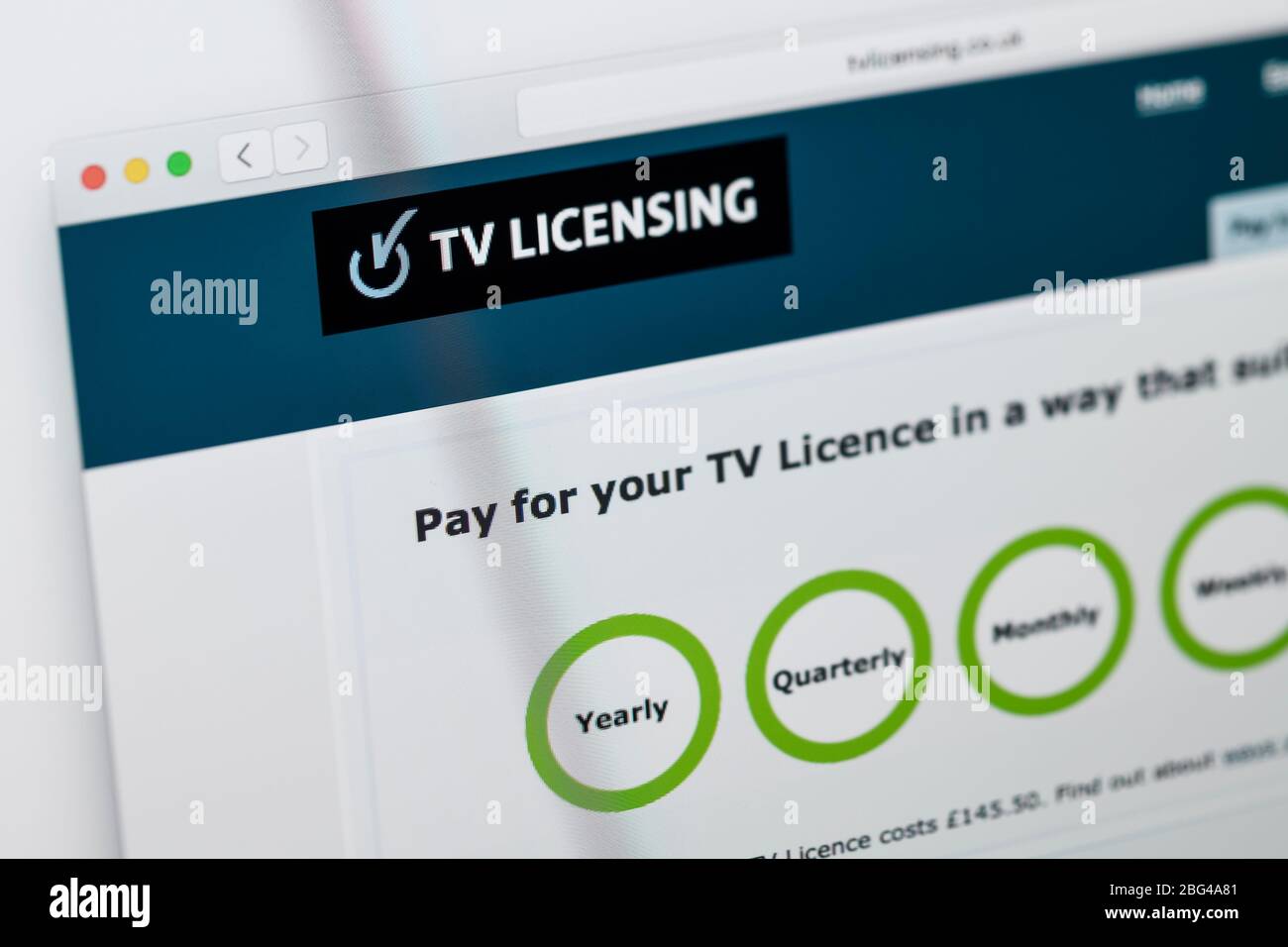 Detalle de la página de inicio de licencias de TV en la pantalla de un equipo Foto de stock
