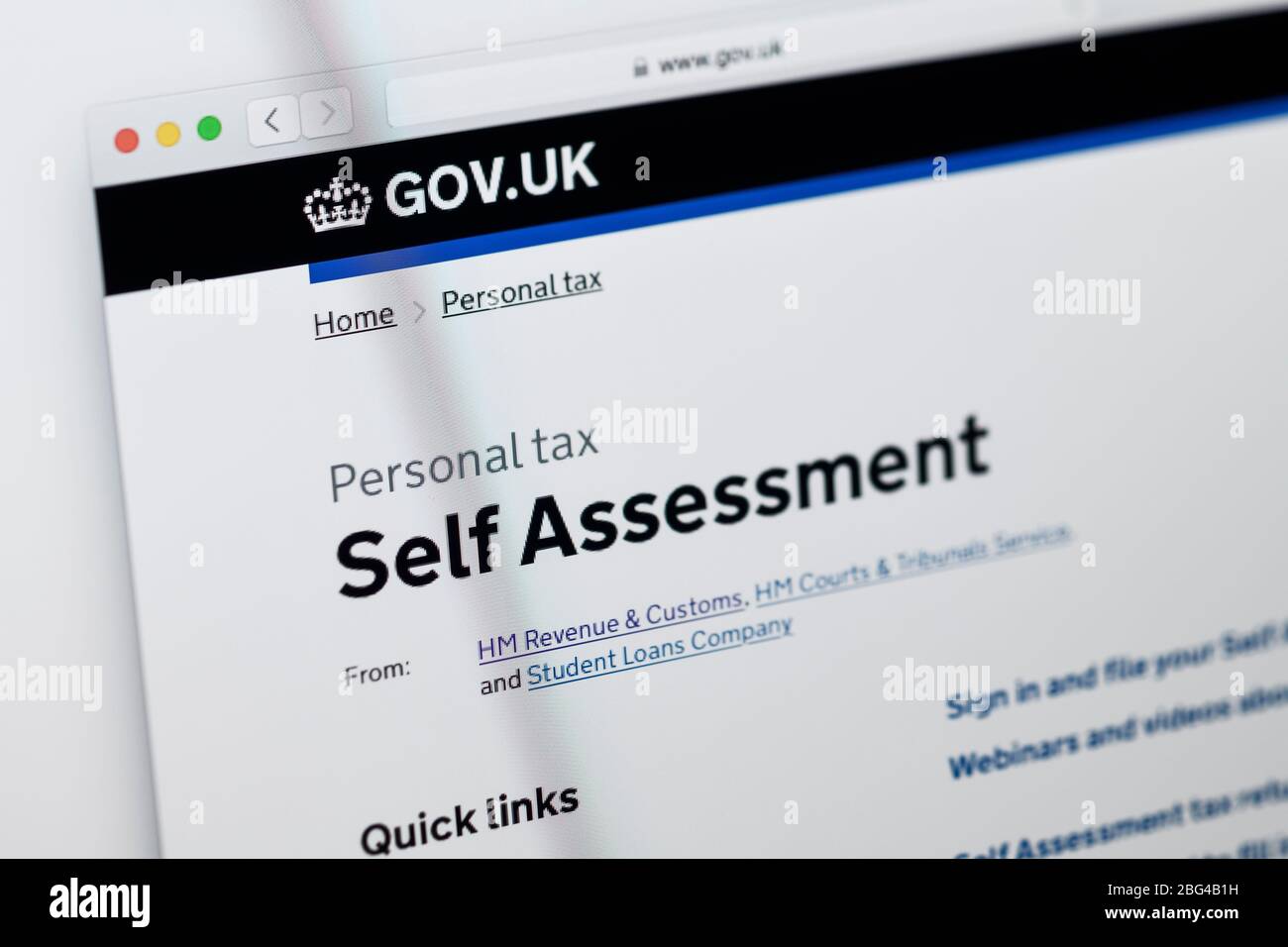 Detalle de la página principal del sitio web del gobierno británico que muestra información para la autoevaluación Foto de stock