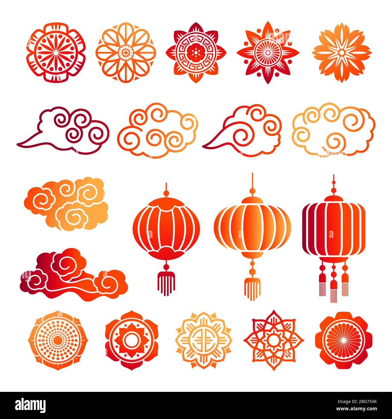 Colección de elementos decorativos asiáticos. Vector iconos brillantes  japoneses, chinos y coreanos aislados sobre fondo blanco Imagen Vector de  stock - Alamy