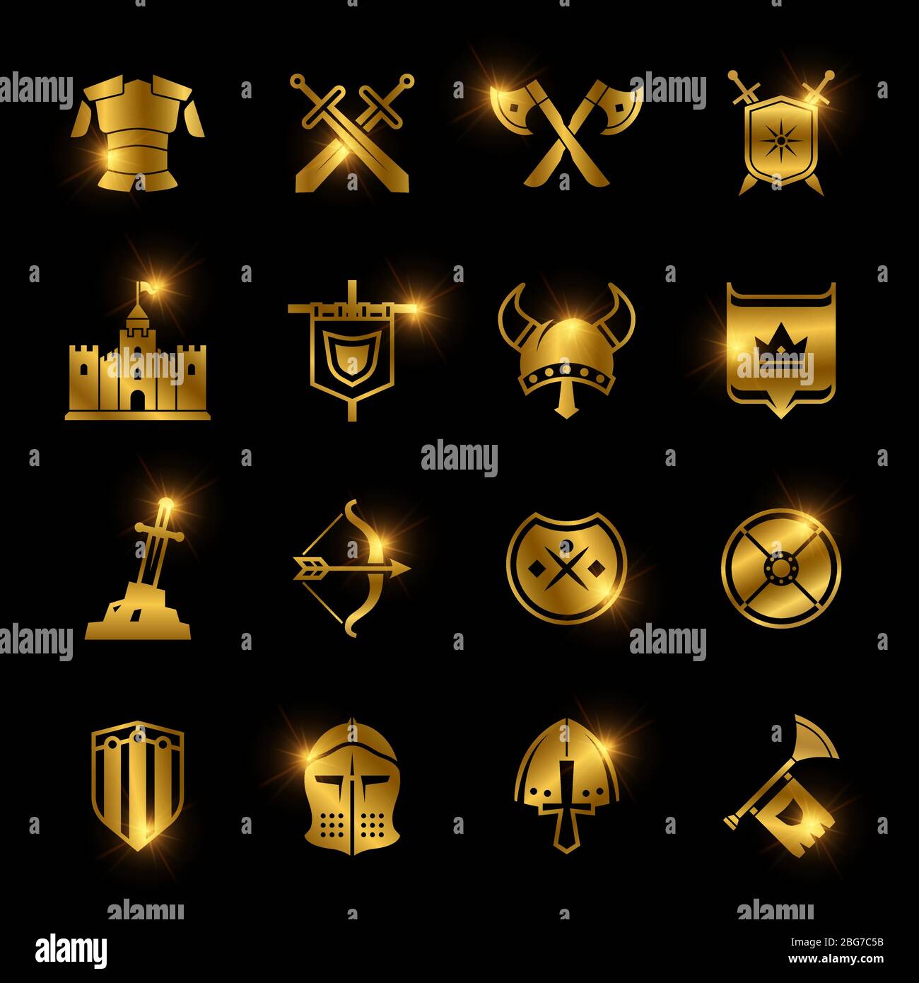 Golden brillante medieval guerreros escudo y espada vector iconos ilustración Ilustración del Vector