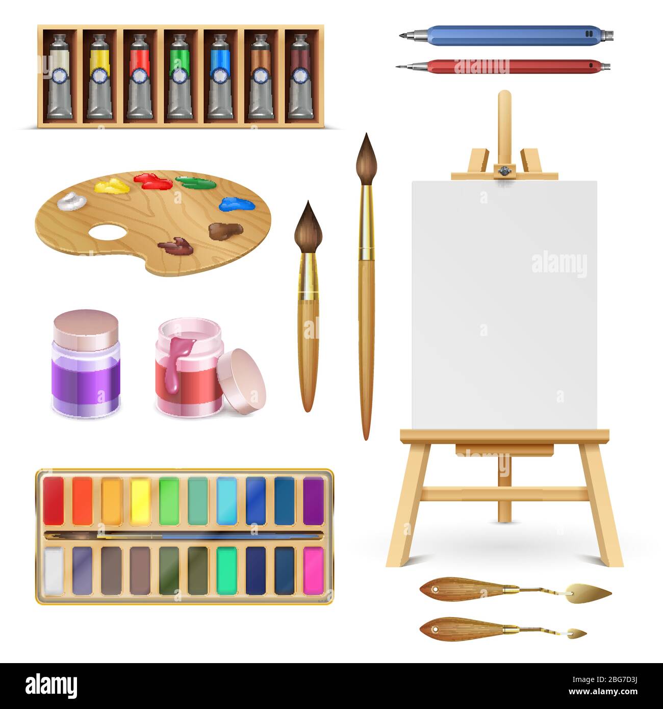 Herramientas artísticas y suministros de arte con caballete, paleta de  pinturas pincel y lápiz color aislado vector conjunto. Dibujo de paleta,  pintura de caballete, suministros brocha an Imagen Vector de stock -