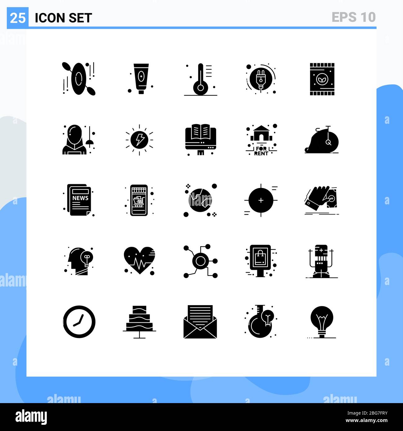 Conjunto de 25 glifos sólidos vectoriales en cuadrícula para plantas, agricultura, cocina, energía, consumo energético elementos editables de diseño vectorial Ilustración del Vector