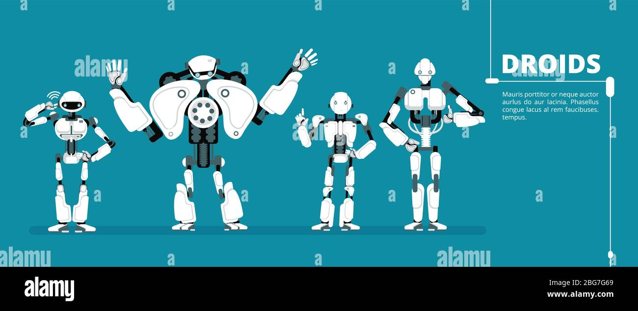 Robot de dibujos animados androide, grupo cyborg. Inteligencia artificial vector futurista fondo. Robot AI, robot ciborg y cibernético, máquina humanoide androide Ilustración del Vector