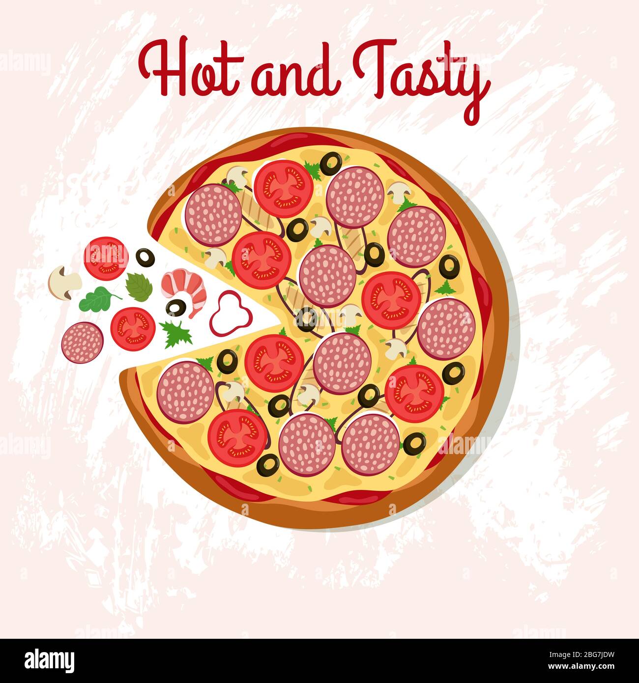 Deliciosa pizza en la mesa con ingredientes de pizza. Póster vector de cocina italiana. Ilustración de comida rápida caliente y sabrosa Ilustración del Vector