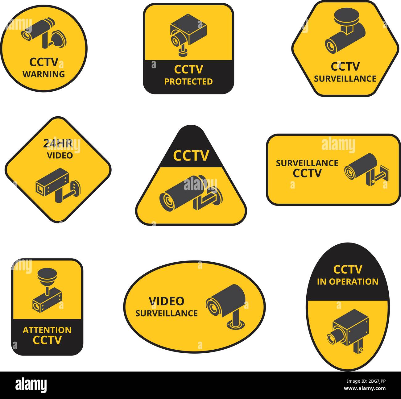 Cámara de seguridad cctv, vigilancia de cámaras de televisión al aire libre vectores pegatinas de advertencia. Videovigilancia, control de vigilancia cctv, vigilancia y seguridad Ilustración del Vector