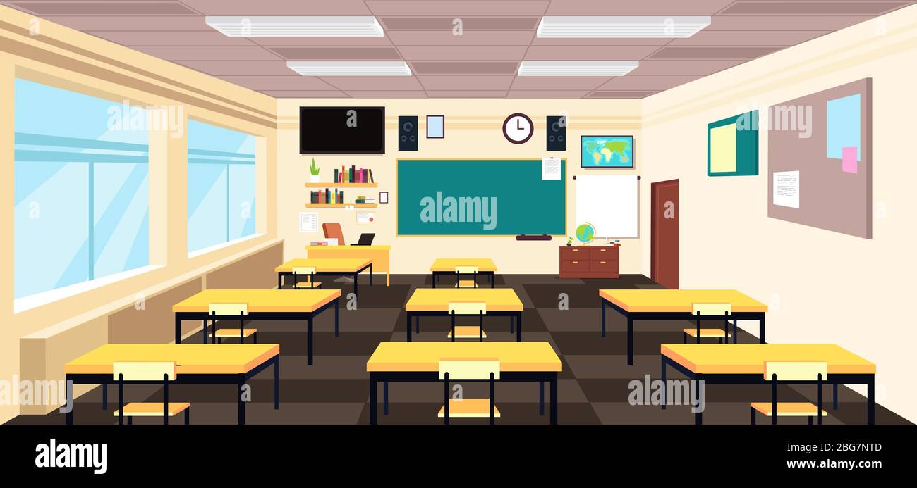 Salón de clase vacío de dibujos animados, interior de la escuela secundaria con escritorios y pizarra. Concepto de vector de educación. Escuela de educación en el salón de clases, clase con ilustración de mesa Ilustración del Vector