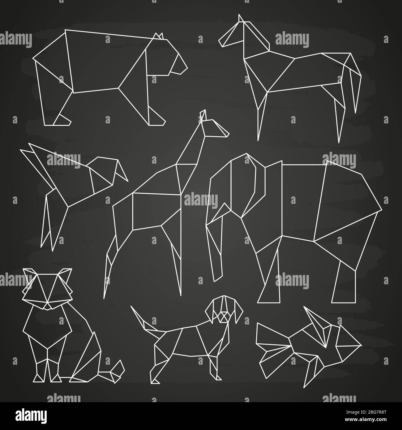 Vector de línea blanca animales salvajes poligonales, peces y aves en pizarra. Ilustración lineal de perro y oso, elefante y jirafa Ilustración del Vector