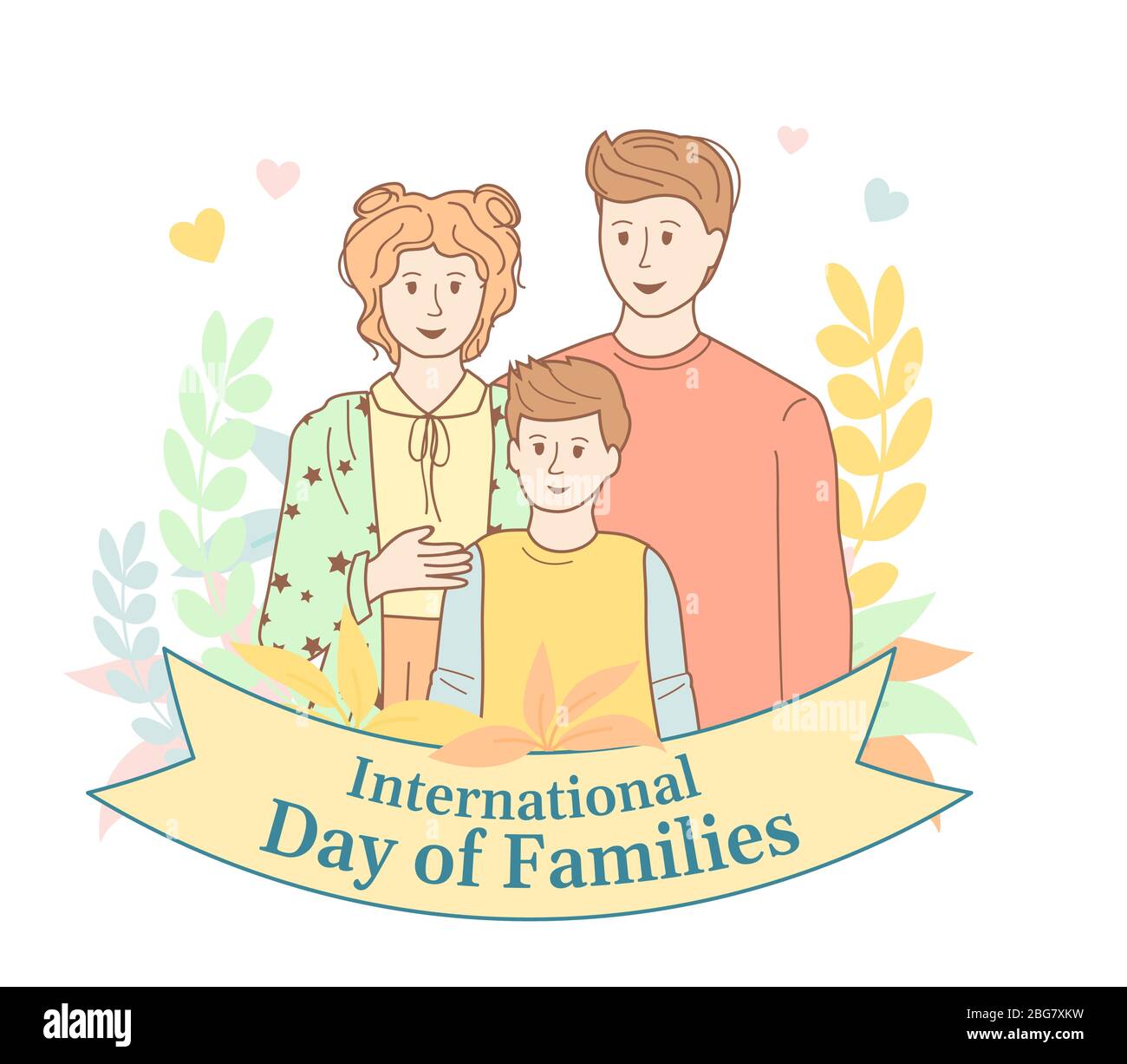 Día Internacional de las familias con corona de flores. Mamá papá e hijo.  Tarjeta para el día Internacional de la Familia estilo de dibujo de dibujos  animados. Retrato familiar, gente feliz. Ilustración